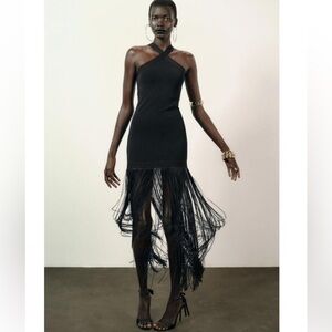 Zara Black One-Shoulder Fringe Dress